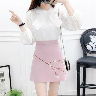 Set: Bow Neck Blouse + Embroidered A-line Skirt