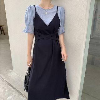 Short-sleeve Mock Two-piece Tie-waist Dress