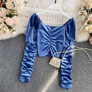 V-neck Plain Long-sleeve Velvet Shirt