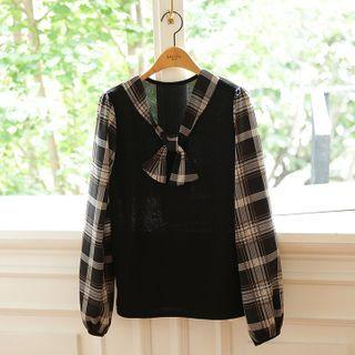 Tie-neck Plaid-panel Blouse