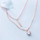 925 Sterling Silver Rhinestone Pendant Layered Necklace Rose Gold - One Size