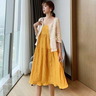 Crochet Knit Elbow-sleeve Cardigan / Spaghetti Strap Midi Shift Dress / Set