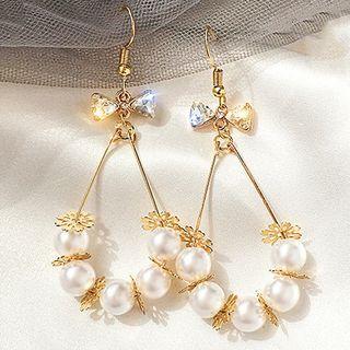 Bow Rhinestone Faux Pearl Dangle Earring Cs0224 - Dangle Earring - Butterfly - Gold - One Size