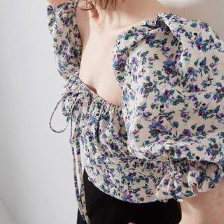 Puff-sleeve Square-neck Floral Print Blouse
