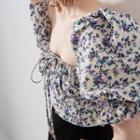 Puff-sleeve Square-neck Floral Print Blouse