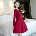 V-neck Long-sleeve Knitted A-line Dress