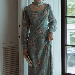 Square-neck Floral Long-sleeve Midi Dress