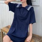 Elbow-sleeve Striped Trim Wide-collar Polo Dress