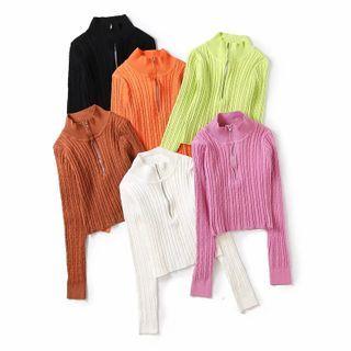 Long-sleeve Half-zip Cable Knit Crop Top