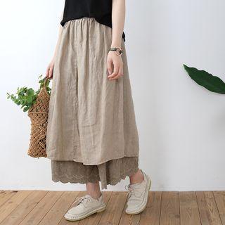 Band-waist Lace Trim Midi A-line Skirt