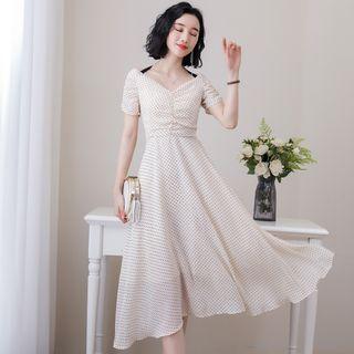 Dot Print V-neck Short Sleeve A-line Dress