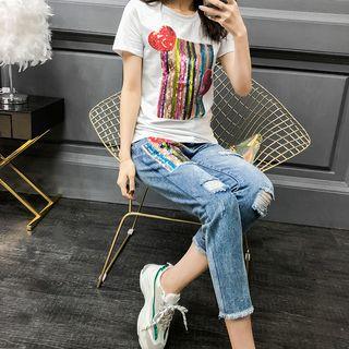 Set: Short-sleeve Sequined T-shirt + Distressed Jeans