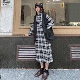 Plaid Midi Shirtdress / Button-up Vest