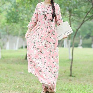Floral 3/4-sleeve Maxi A-line Dress
