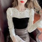 Long-sleeve Lace Velvet Panel Top