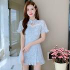 Set: Short-sleeve Lace Mini A-line Dress + Shorts