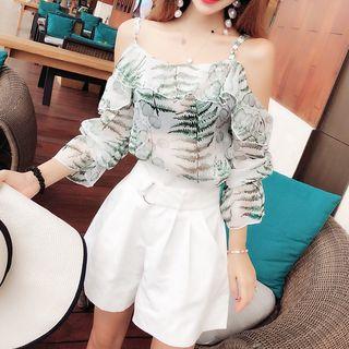 Set: Off Shoulder 3/4-sleeve Chiffon Top + Wide Leg Shorts