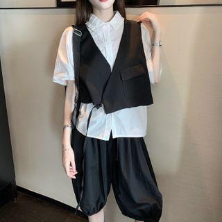 Asymmetric Vest / Lapel Short-sleeve Shirt / High-waist Jogger Shorts