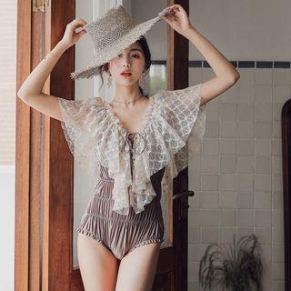 Strappy Back Lace Trim Ruffle Swimsuit