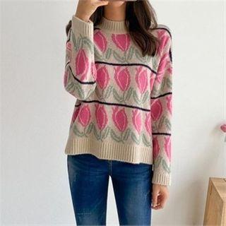 Drop-shoulder Floral Patterned Knit Top