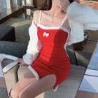 Spaghetti Strap Fluffy Trim Mini Dress / Fleece Tied Jacket