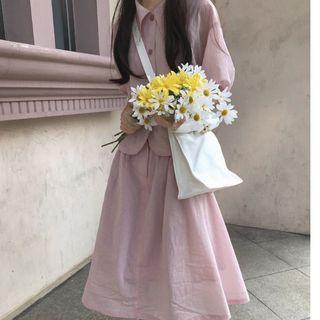 Lantern-sleeve Shirt / Midi A-line Skirt / Zip Jacket