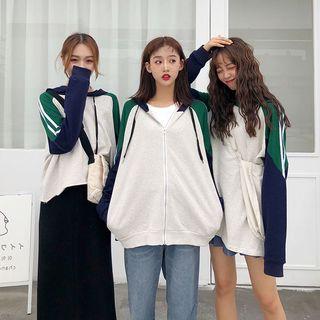 Long-sleeve Color-block Zip Hooded Tee/ Top