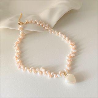Heart Freshwater Pearl Pendant Necklace Beige & White & Gold - One Size