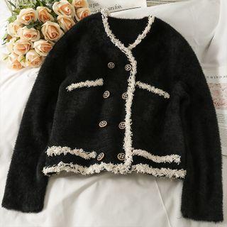 Frayed Double-breasted Loose Cardigan Black - One Size