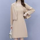 Set: Plain Single-button Blazer + Spaghetti Strap A-line Dress