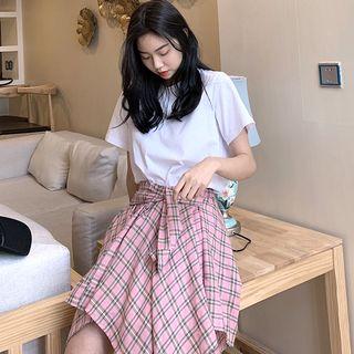 Set: Short-sleeve Embroidered T-shirt + Mini Plaid Asymmetric Skirt