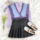 Color Block V-neck Ruffle Trim Knit Vest / Long-sleeve Plain Shirt / High-waist Pleated Skirt