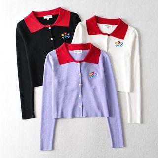 Flower Embroidered Collared Cardigan