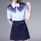 Set: Short-sleeve Shirt + Denim A-line Mini Skirt