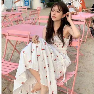 Spaghetti Strap Cherry Print Midi A-line Dress White - One Size