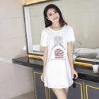 Short-sleeve Cartoon Print T-shirt Dress White - L