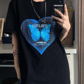 Short-sleeve Round Neck Butterfly Heart T-shirt