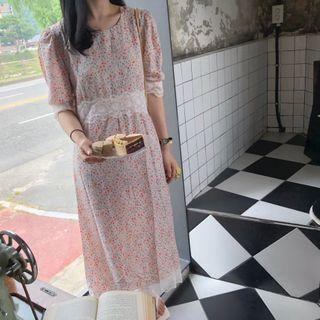 Short-sleeve Lace Trim Floral Print Midi Dress Blue Floral - Pink - One Size