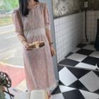 Short-sleeve Lace Trim Floral Print Midi Dress Blue Floral - Pink - One Size