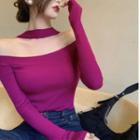 Long-sleeve Off-shoulder Knit Top / Velvet Skirt