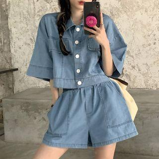 Short-sleeve Denim Shirt / Wide Leg Denim Shorts