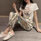 Sequined Short-sleeve T-shirt / Printed Cropped Wide-leg Pants