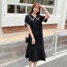 Short-sleeve Lace Trim Midi Collared Dress