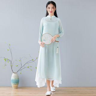 Set: 3/4-sleeve Split Hem Sheer Qipao + Maxi Slipdress