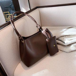 Set: Faux Leather Shoulder Bag + Zip Pouch + Key Pouch