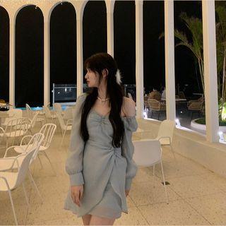 Long-sleeve Suspender Accent Off-shoulder Mini Dress