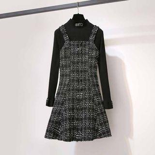 Embroidered Mock Neck Knit Top / A-line Tweed Jumper Dress
