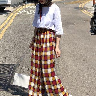 Set: Elbow-sleeve Shirt + Check Wide Leg Pants