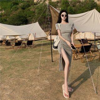 Round-neck Plain Split A-line Dress