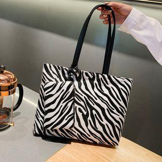 Set: Zebra Print Faux Leather Tote Bag + Pouch